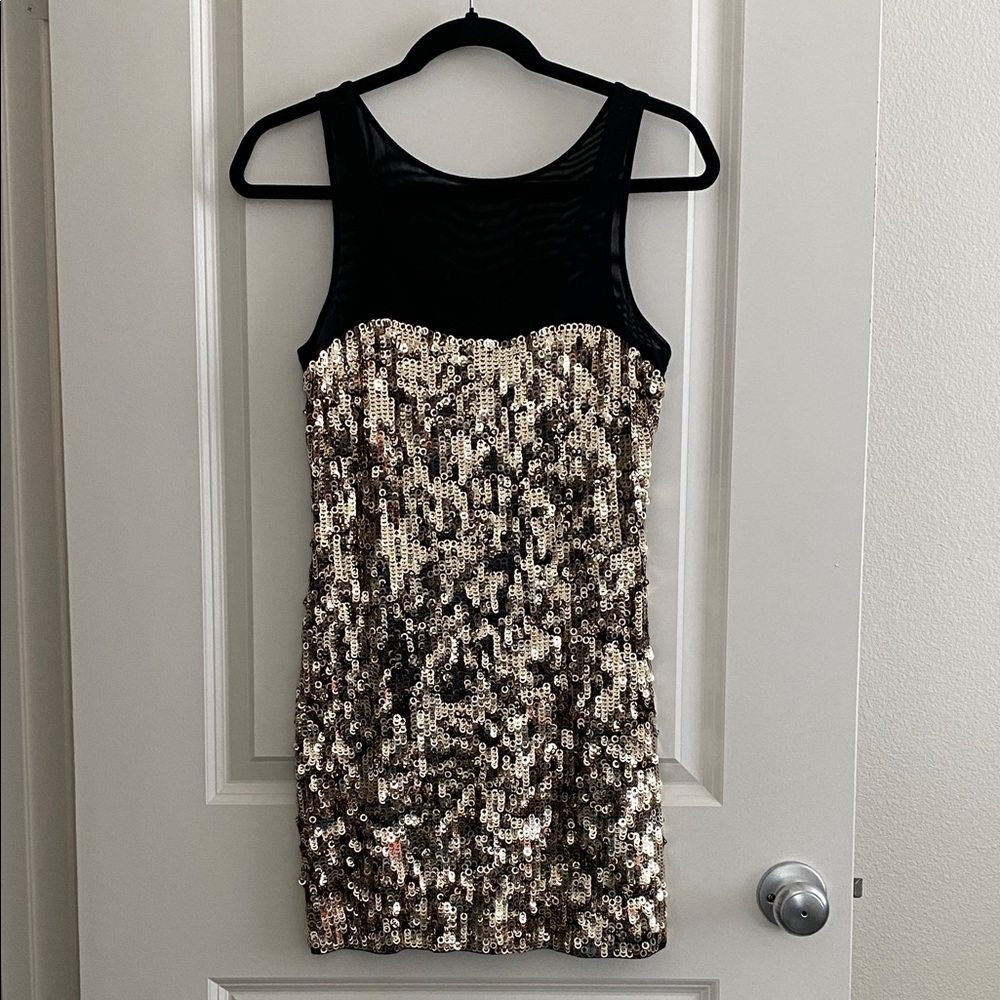 Express Black and Gold Sequin Mini Dress